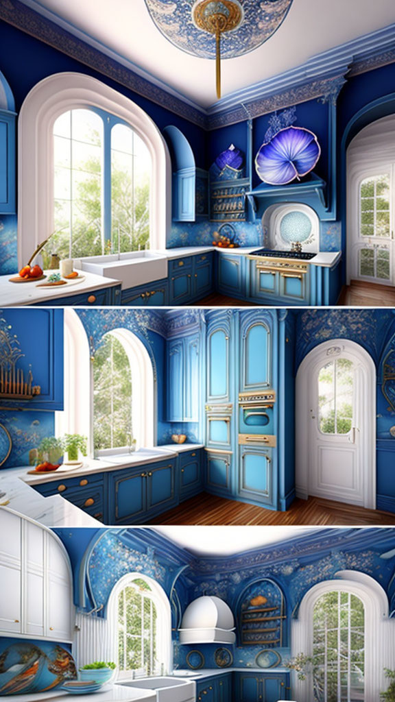 Traditional Blue-Themed Kitchen with Gramophone and Large Windows