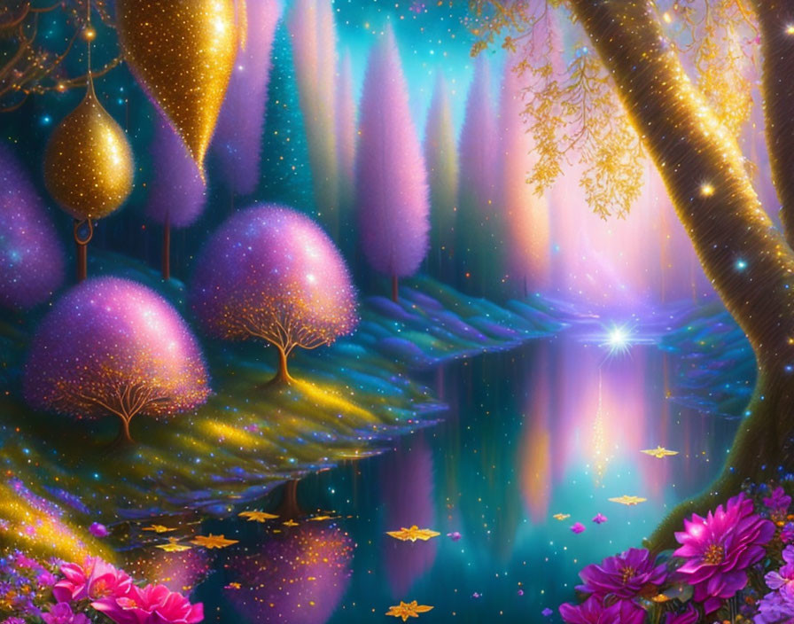 Fantasy landscape with glowing purple trees, tranquil river, golden lanterns, pink flowers, twilight sky