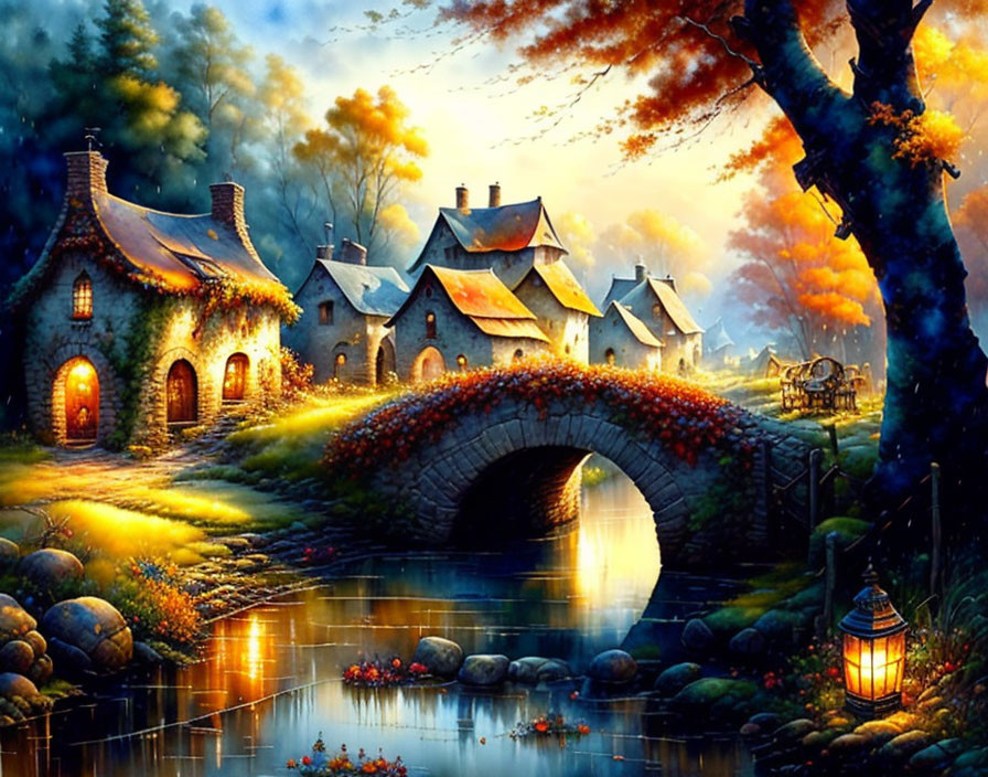 Charming village scene: thatched houses, stone bridge, autumn trees, lantern at dusk