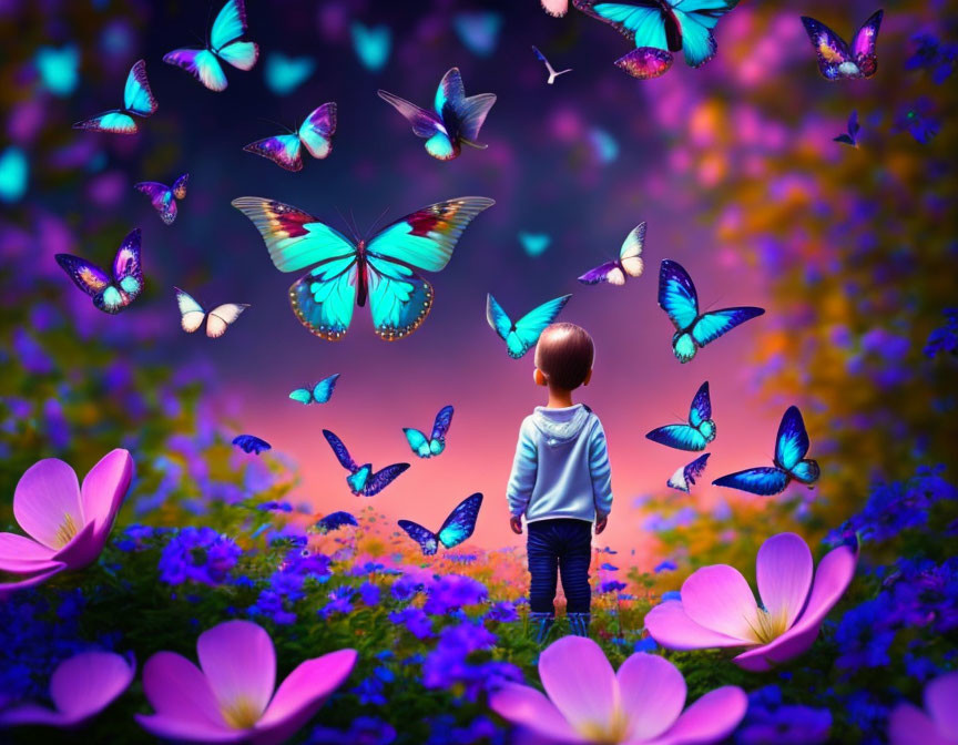 Child in vibrant field with colorful butterflies