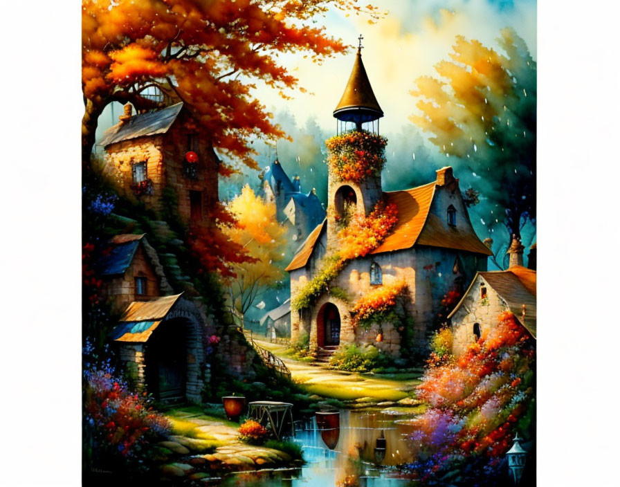 Tranquil autumn village with stone church, cottages, river & vibrant trees