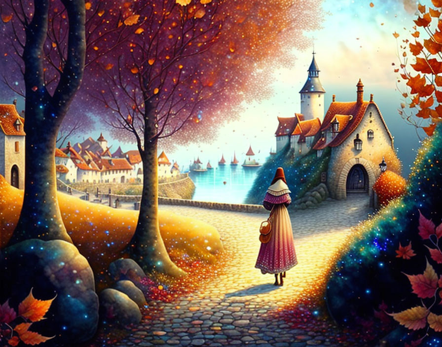 Cloaked figure approaching vibrant fairytale village with autumnal trees and castle under warm sunset-lit