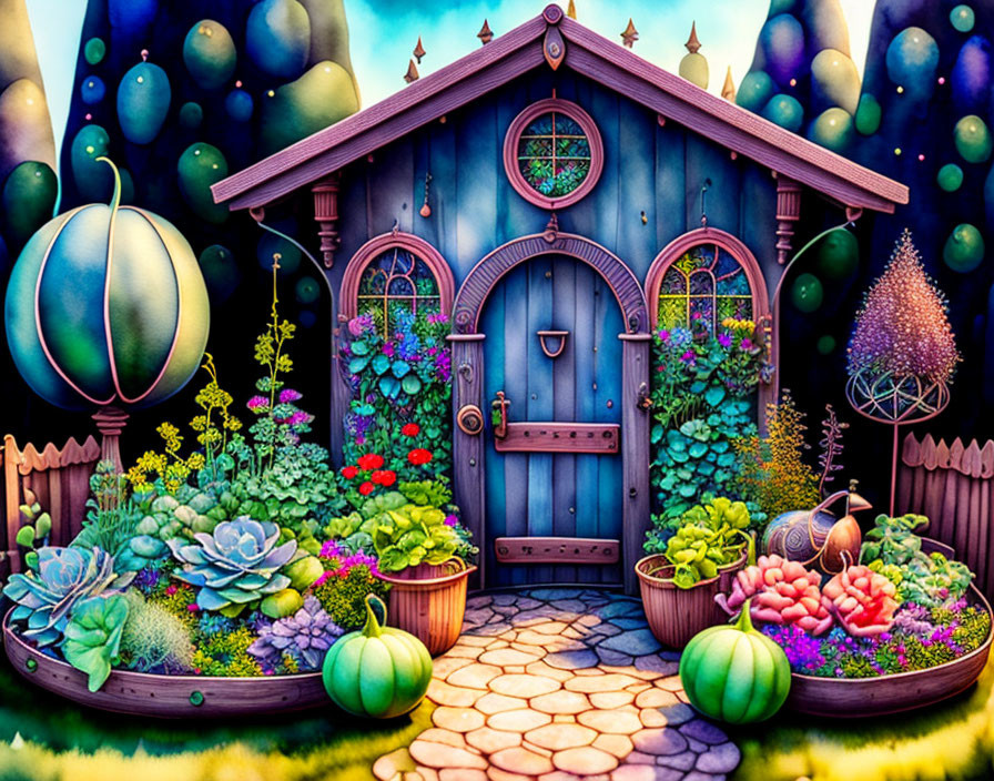 Colorful fairy-tale cottage with fantastical plants under starry sky