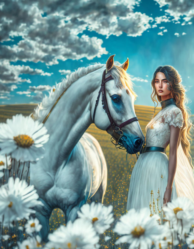 Woman in white dress with white horse in daisy field under dramatic sky