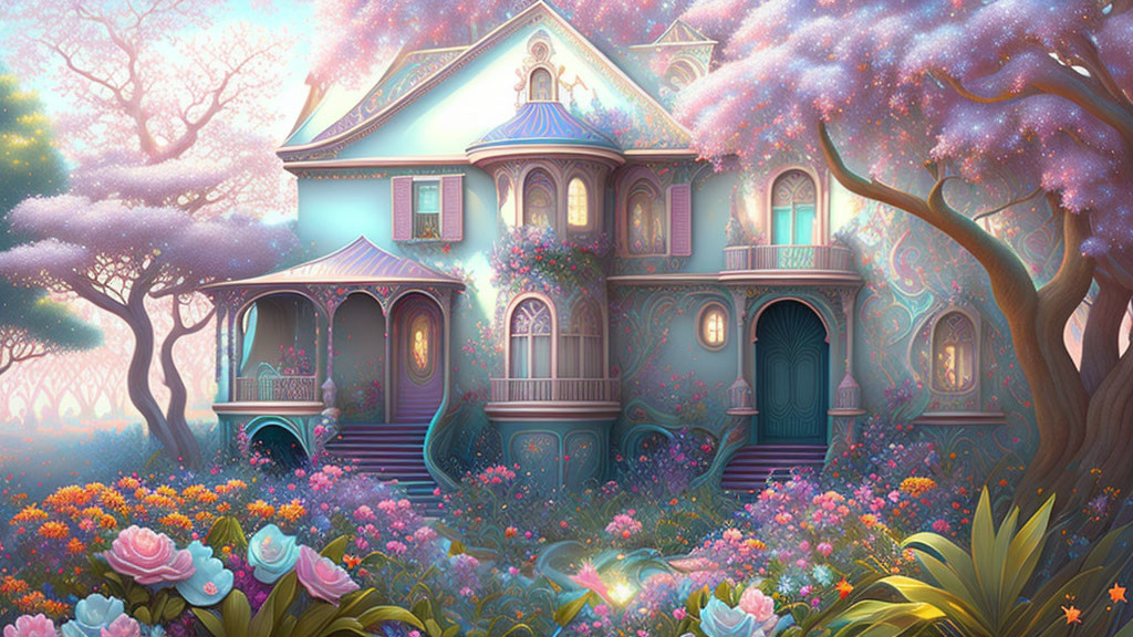 Victorian-style house in magical garden with blooming flowers