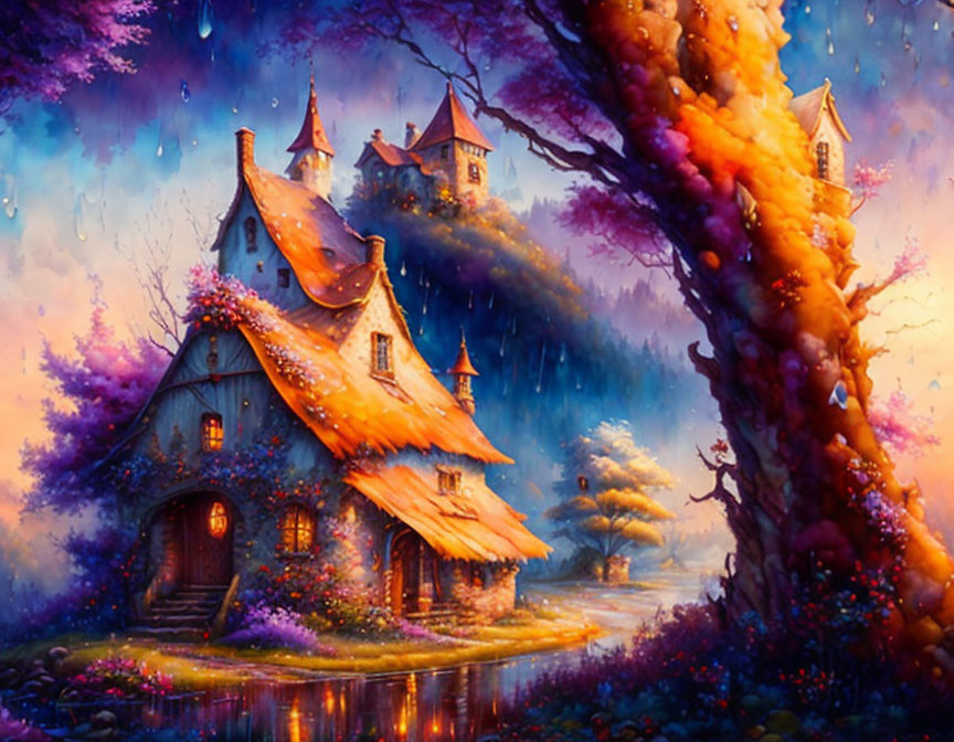 Colorful Fairytale Cottages in Vibrant Woodland with Towering Tree and River