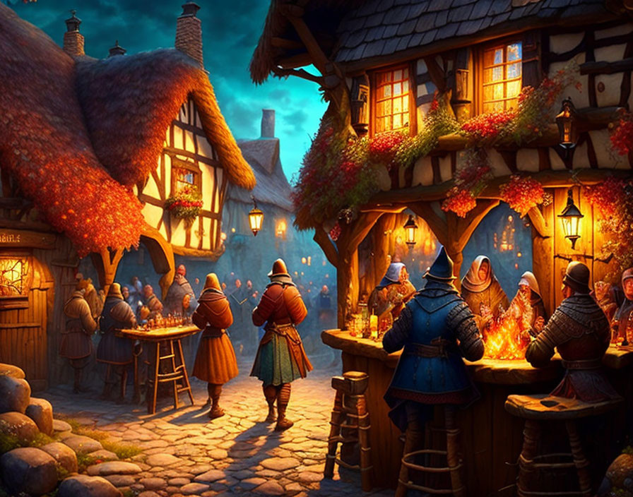 Medieval tavern scene with patrons in period attire at dusk