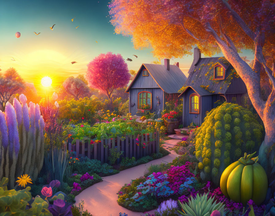 Charming cottage in vibrant garden at sunset