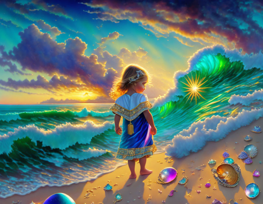 Young girl in blue dress on beach at sunset with seashells and luminous wave under vibrant sky