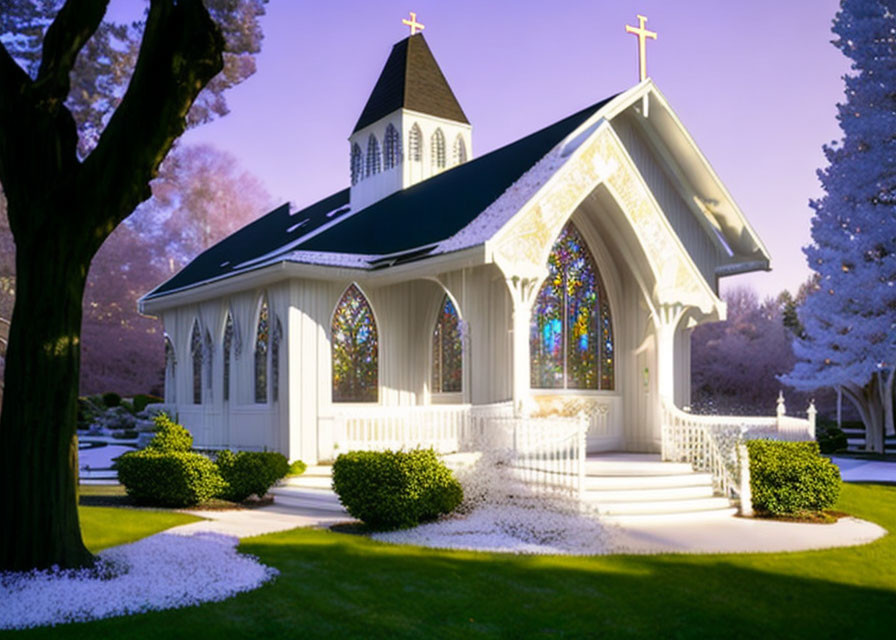 White Church with Stained Glass Windows in Dusk Setting