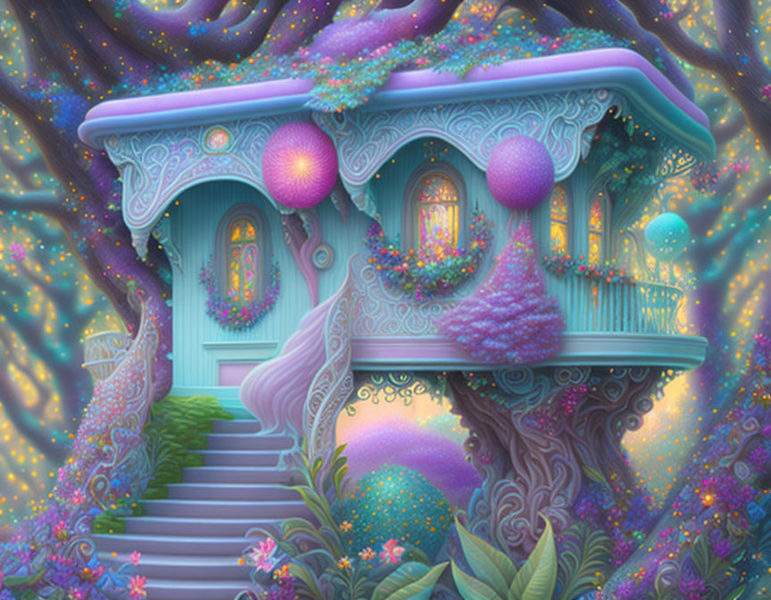 Vibrant, whimsical treehouse with glowing orbs in magical setting