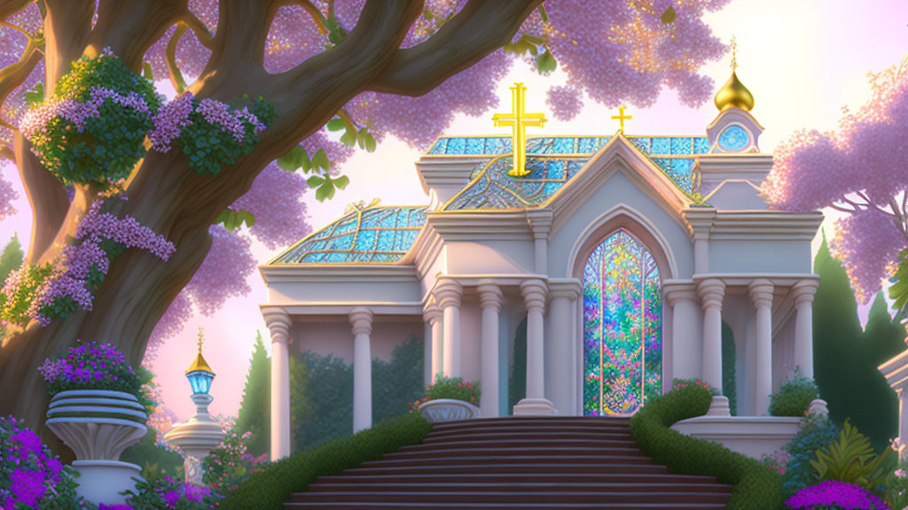 Majestic chapel with golden cross in serene landscape