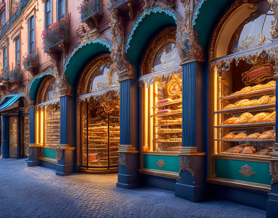 Ornate Bakery Shopfront with Gold and Teal Decorations at Twilight