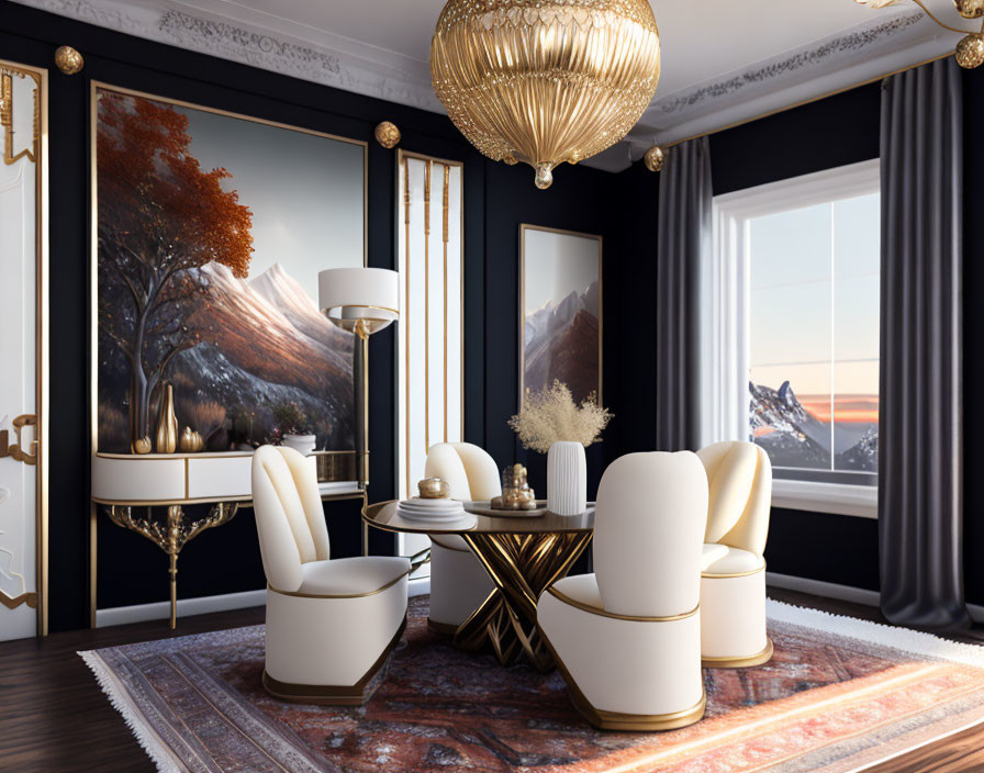 Elegant dining room with golden chandelier, white chairs, mountain views, and autumn decor