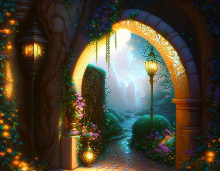 Floral Archway Leading to Twilight Forest Path with Glowing Lanterns