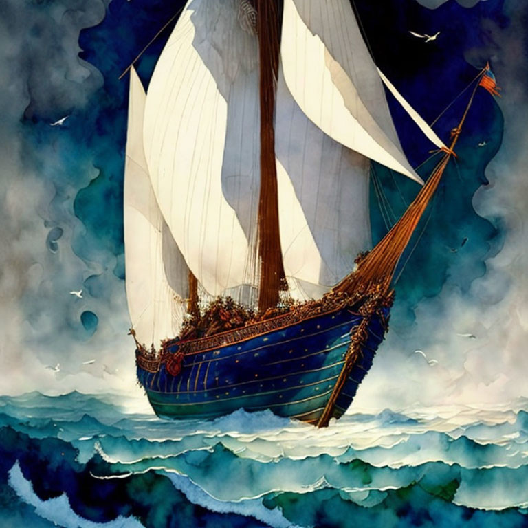 Stylized illustration of tall ship sailing turbulent ocean under dramatic sky