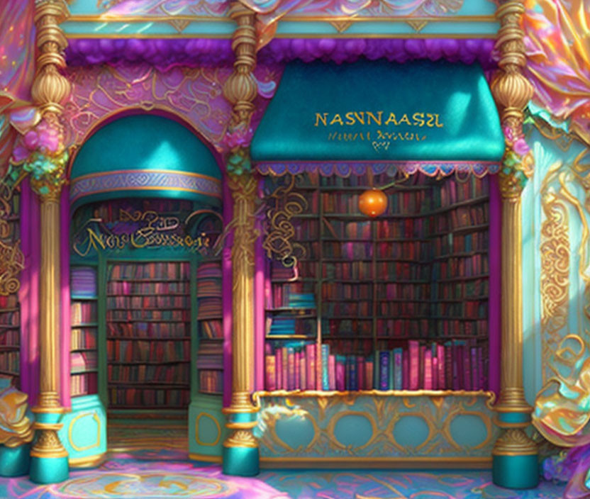 Fantastical blue and purple library corner with arched doorway and intricate decorations