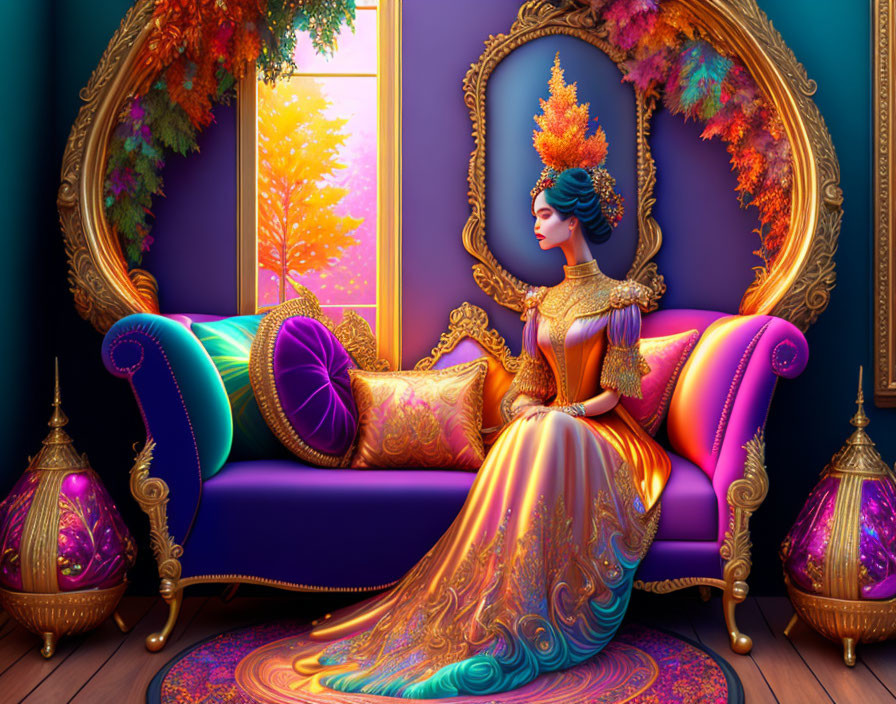 Elaborately dressed woman in luxurious room with autumnal view.