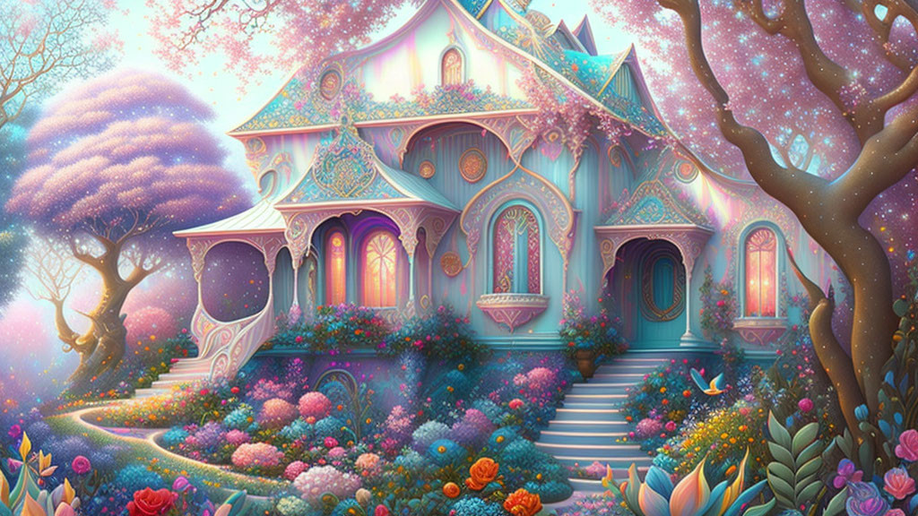 Pastel-colored fantasy house in magical pink and purple flora