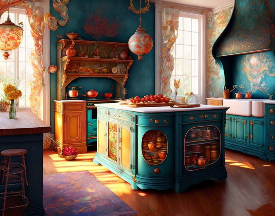 Teal Cabinetry and Decorative Patterns in Vibrant Kitchen