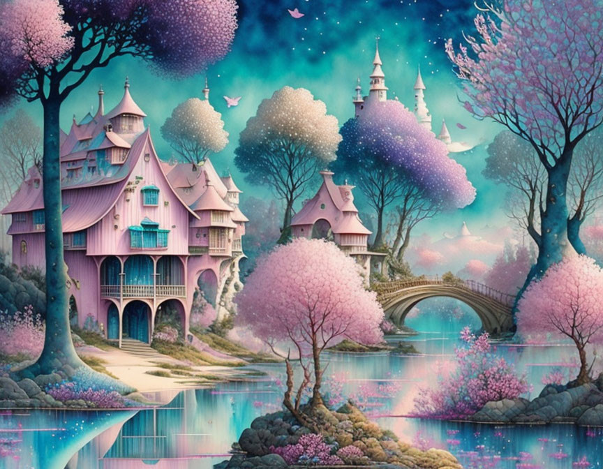 Pastel Fairy-Tale Village with Blooming Trees and Magical Birds