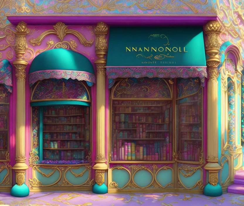 Fantasy Bookstore Facade with Purple, Gold Details & Book-Filled Shelves