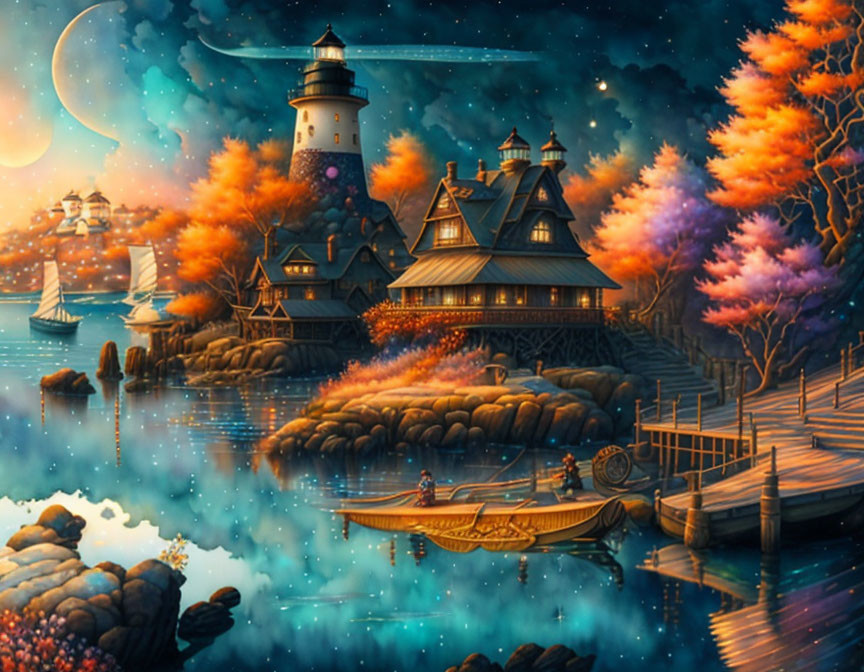 Vibrant autumn village by the waterside with lighthouse, Victorian houses, boats, and star