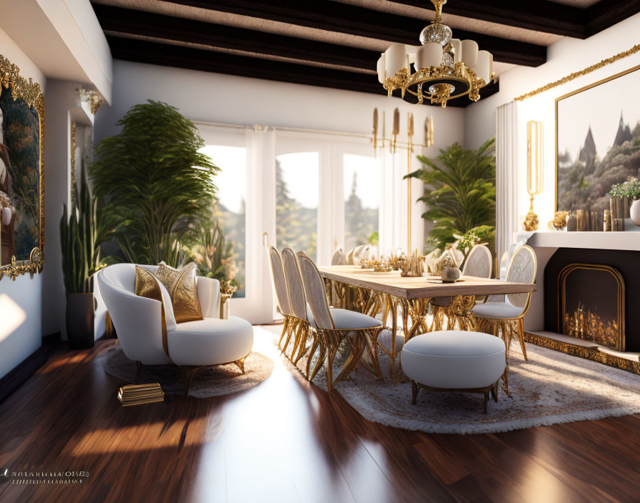 Luxurious Dining Room with White and Gold Furniture, Fireplace, Large Windows, and Indoor Plants