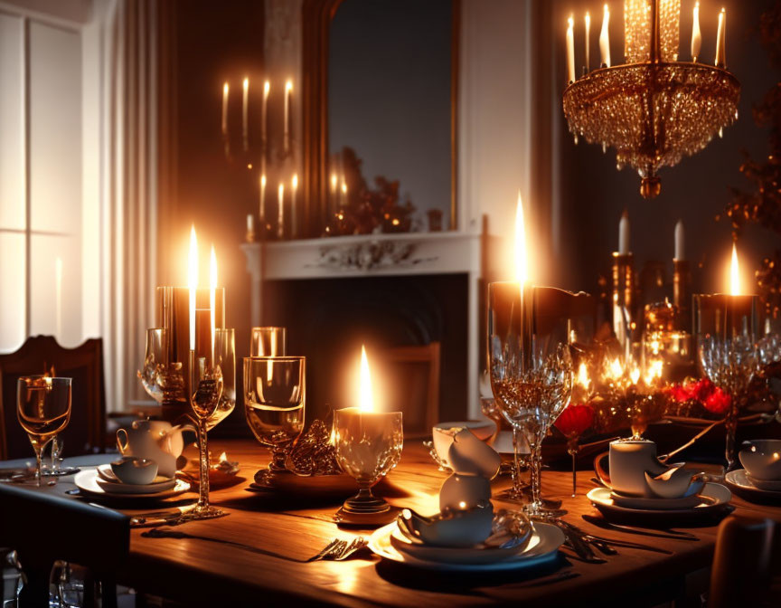 Luxurious Dining Room Setting with Crystal Glasses and Grand Chandelier