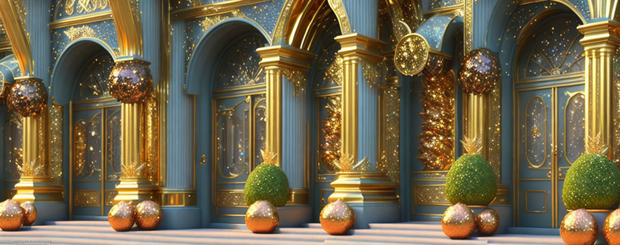 Opulent hall with blue and gold arches and decorative green spheres