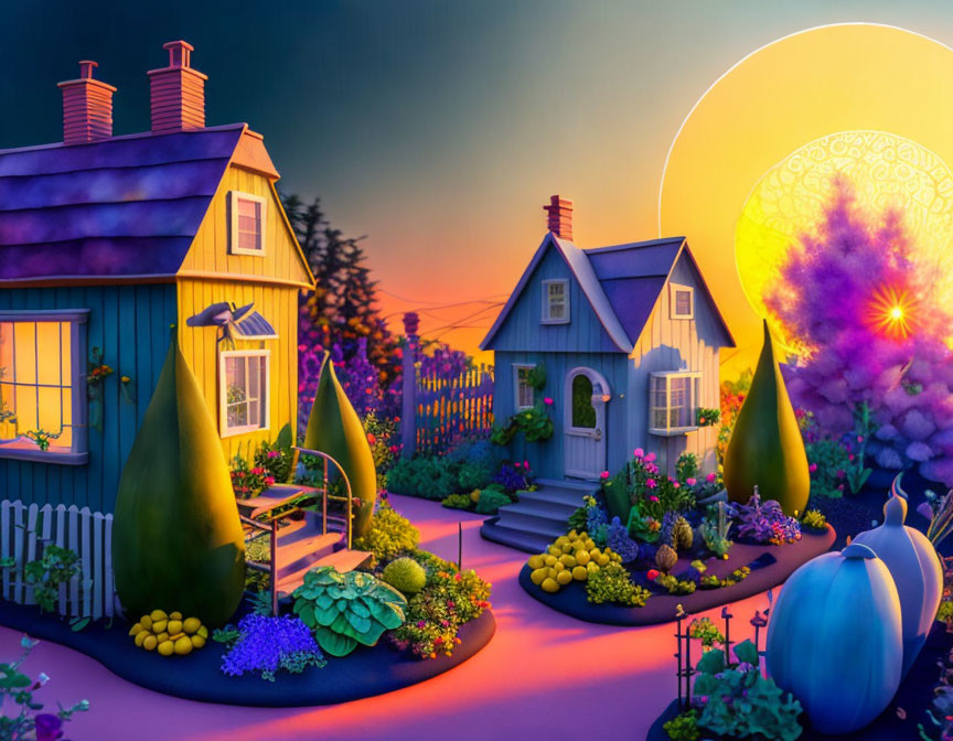 Whimsical illustration of cozy houses in lush, sunset setting