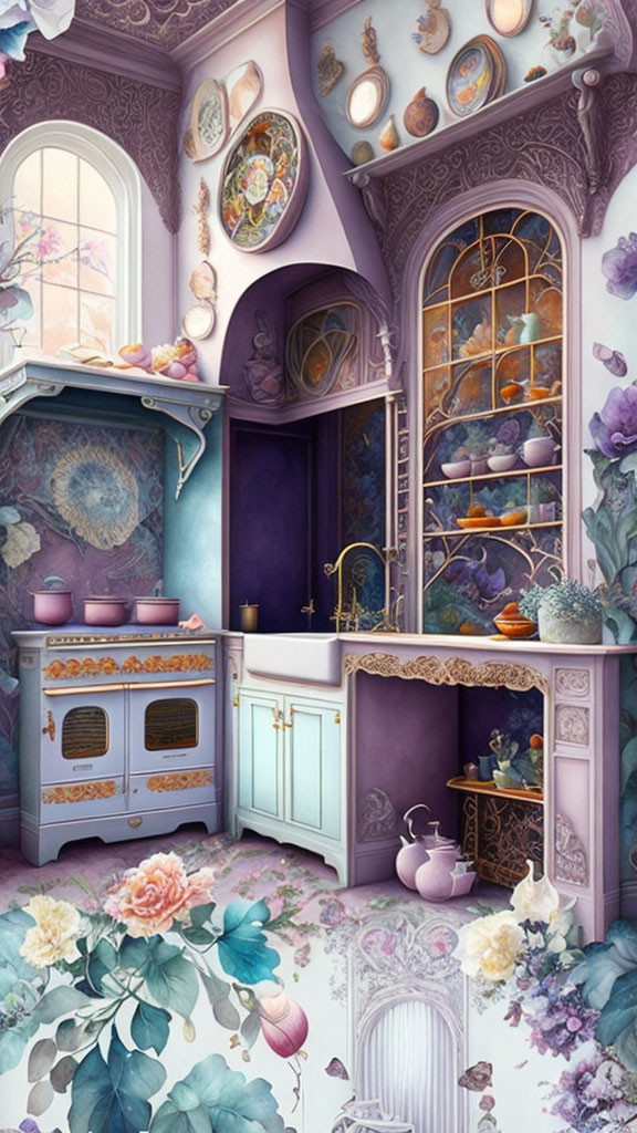 Vintage Lavender Kitchen with Floral Motif and Arched Window