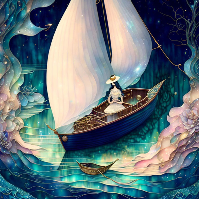 Whimsical illustration: person in hat on sailboat amid glowing flowers