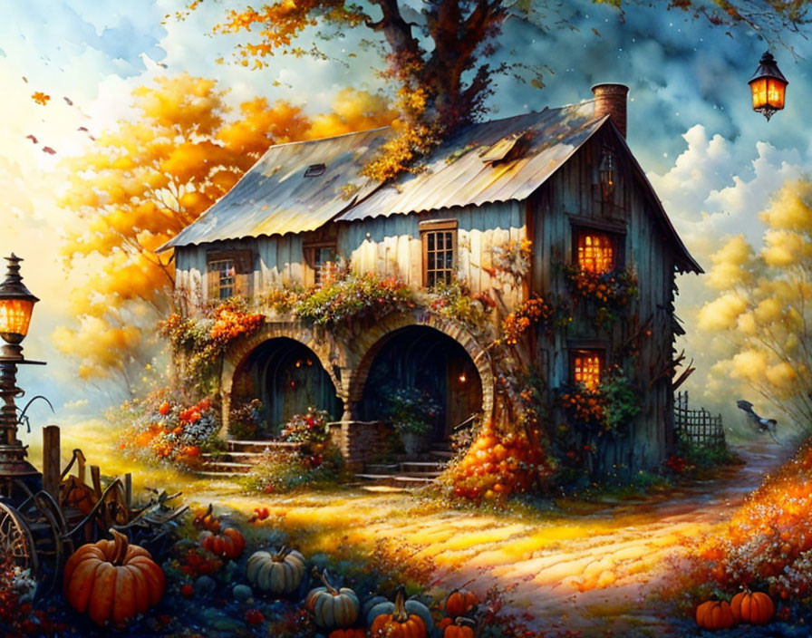 Charming autumn cottage with pumpkins and warm lights