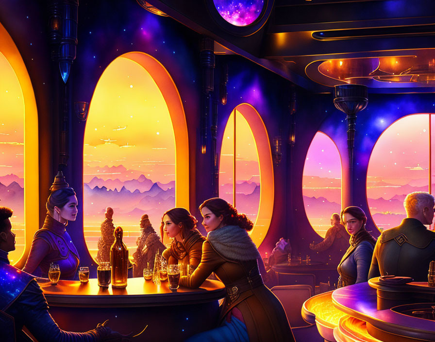 Futuristic sci-fi themed bar with cosmic landscape view