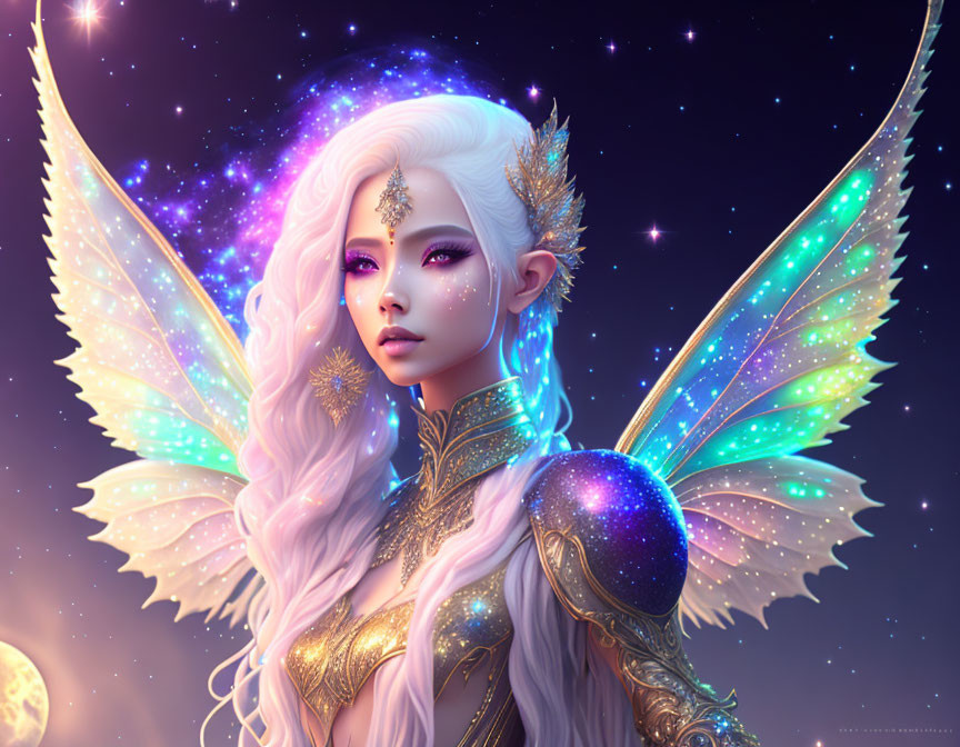 Ethereal winged female figure with iridescent wings and celestial motifs