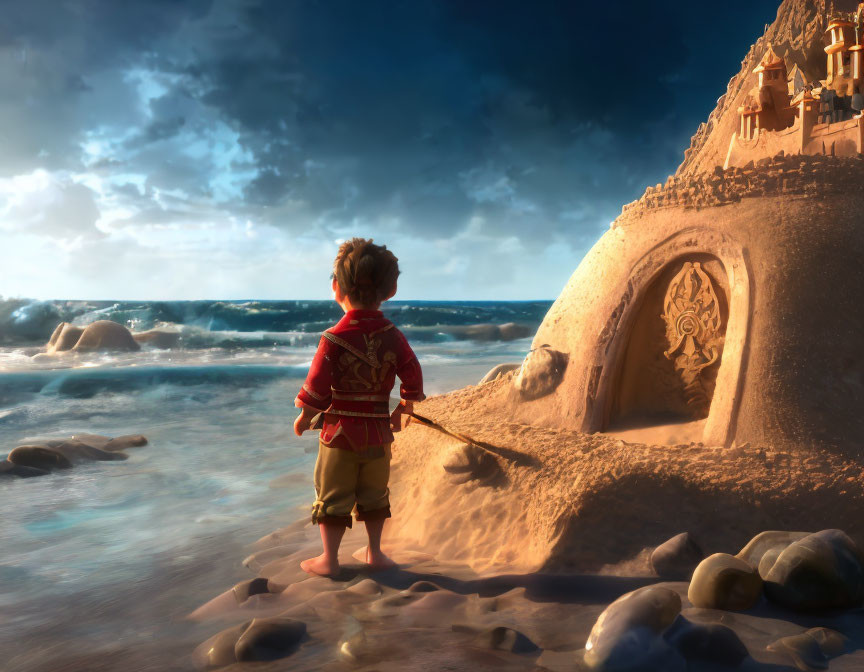 Child in red jacket by sea near detailed sandcastle under dramatic sky