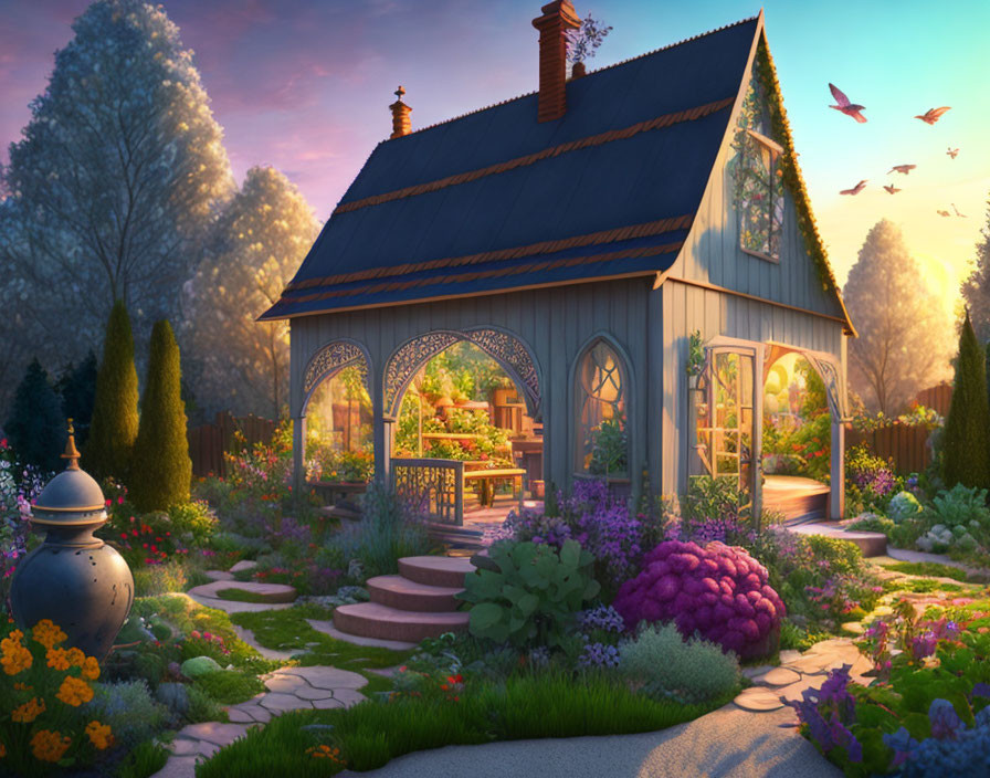 Charming cottage with garden at twilight, blooming flowers & birds