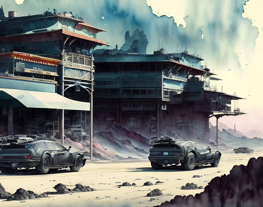 Futuristic cars racing past dilapidated traditional buildings in a post-apocalyptic scene