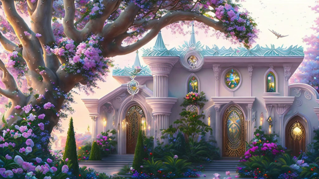 Whimsical palace in blooming garden with vibrant flowers and majestic trees