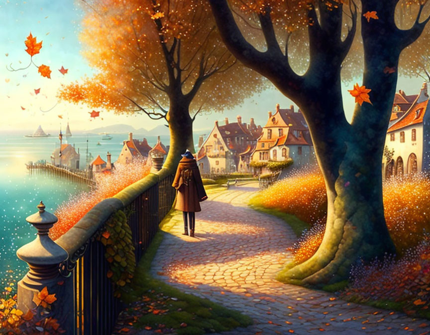 Person in trench coat strolls autumn path by the sea with falling leaves.