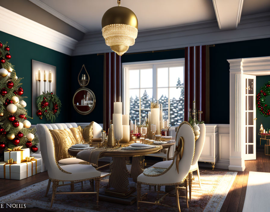 Festive Christmas dining room with tree, presents, chandelier, candles, snowy view