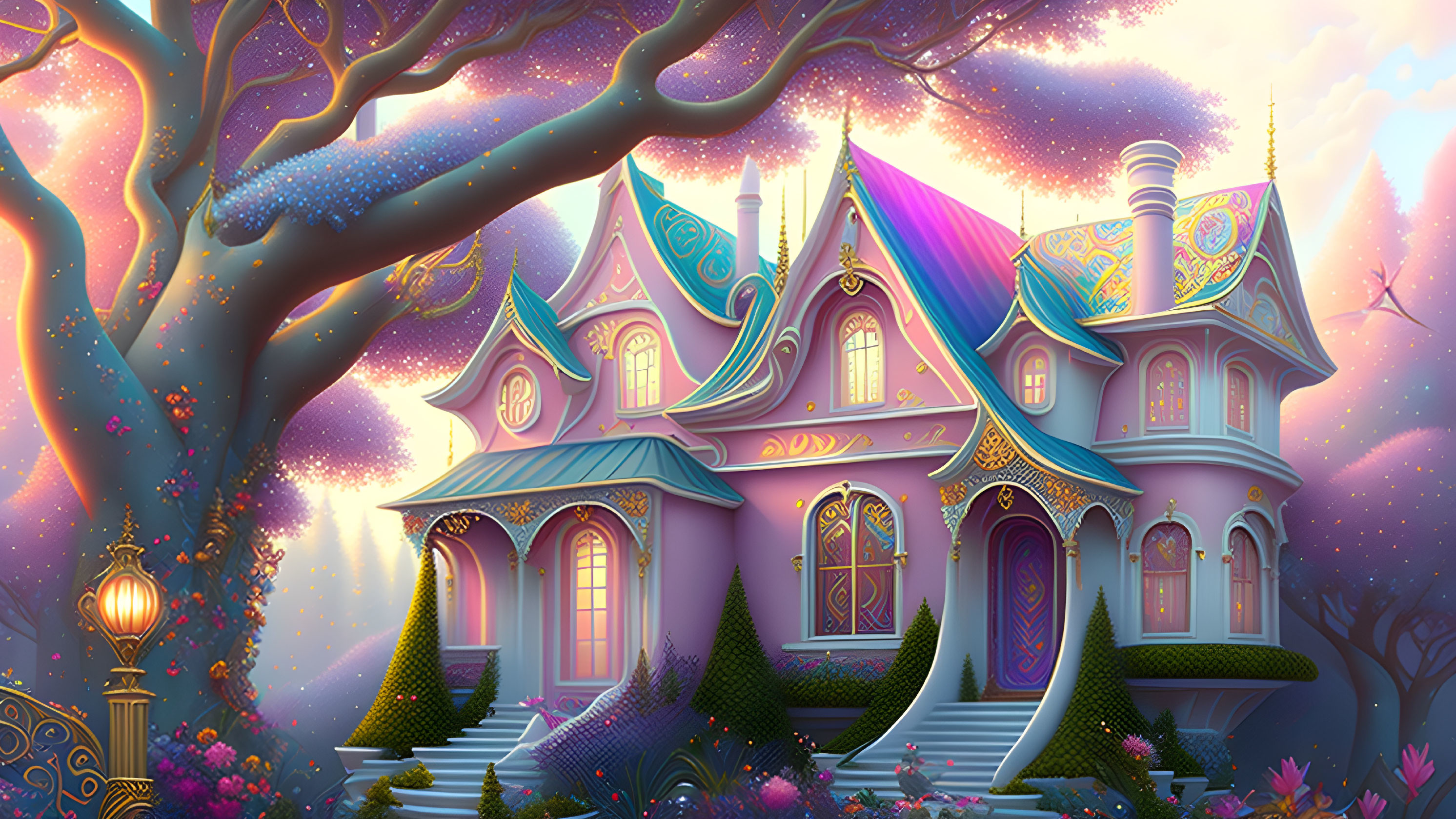 Colorful illustration of pink and purple house in magical forest