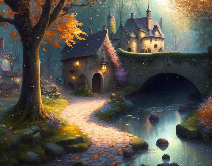 Enchanting cottage with stone bridge in mystical forest