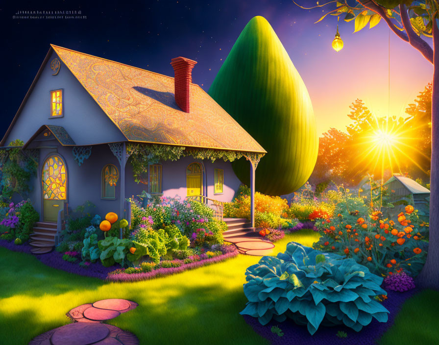 Whimsical cottage with ornate details in lush garden with giant green pear and warm sunset.