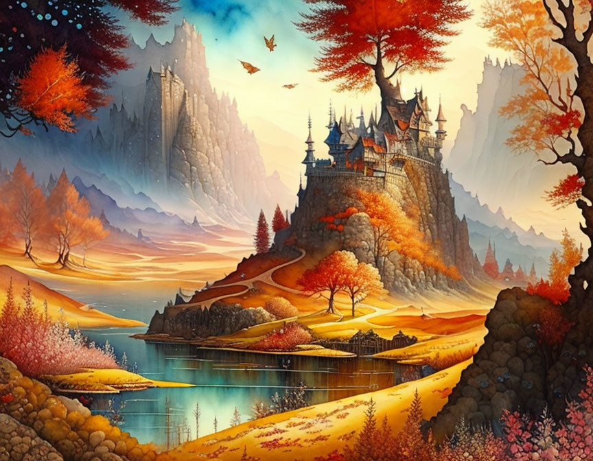 Majestic castle in vibrant fantasy landscape