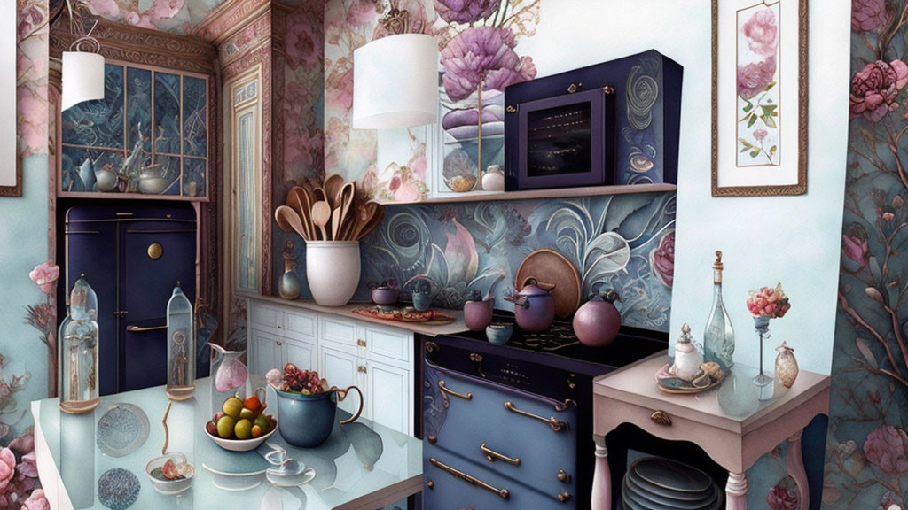 Vintage-style Kitchen with Floral Wallpaper and Navy Blue Cabinets