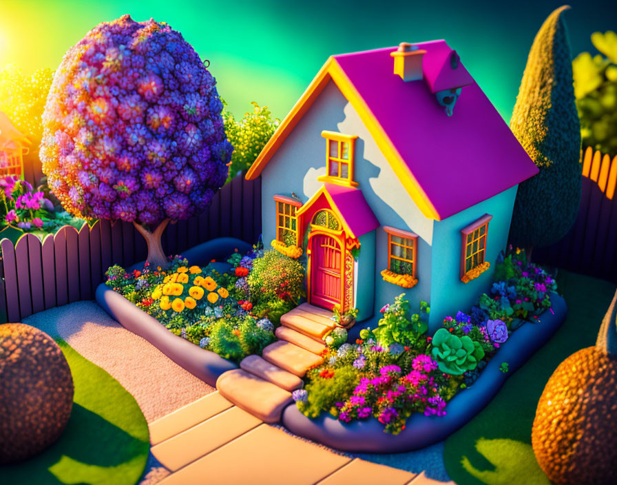 Colorful stylized illustration of small blue house with pink roof in vibrant garden