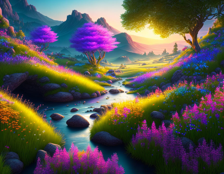 Vibrant purple foliage in surreal sunset landscape