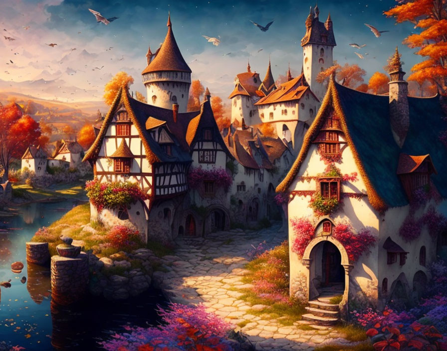 Medieval-style village with castles, river, blooming trees, birds, warm sunset.